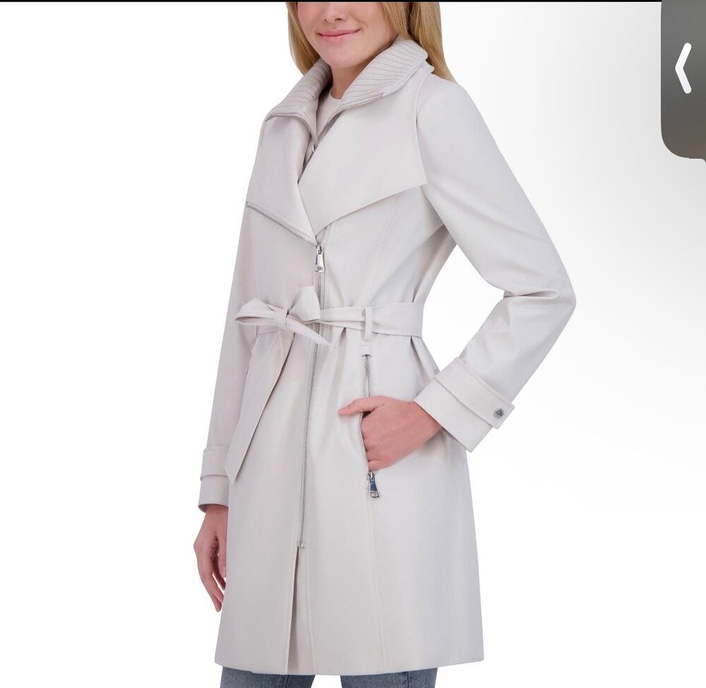 NWT Halston Gray Belted Trench Coat – Asymmetrical Zip – Size L